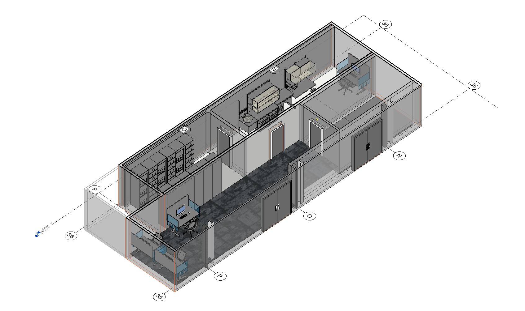 BIM axonometric showing laboratory workstations and casework