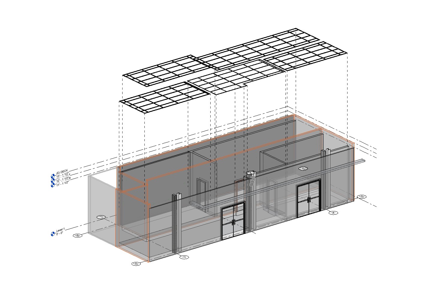 Exploded axonometric BIM view of laboratory ceiling grid