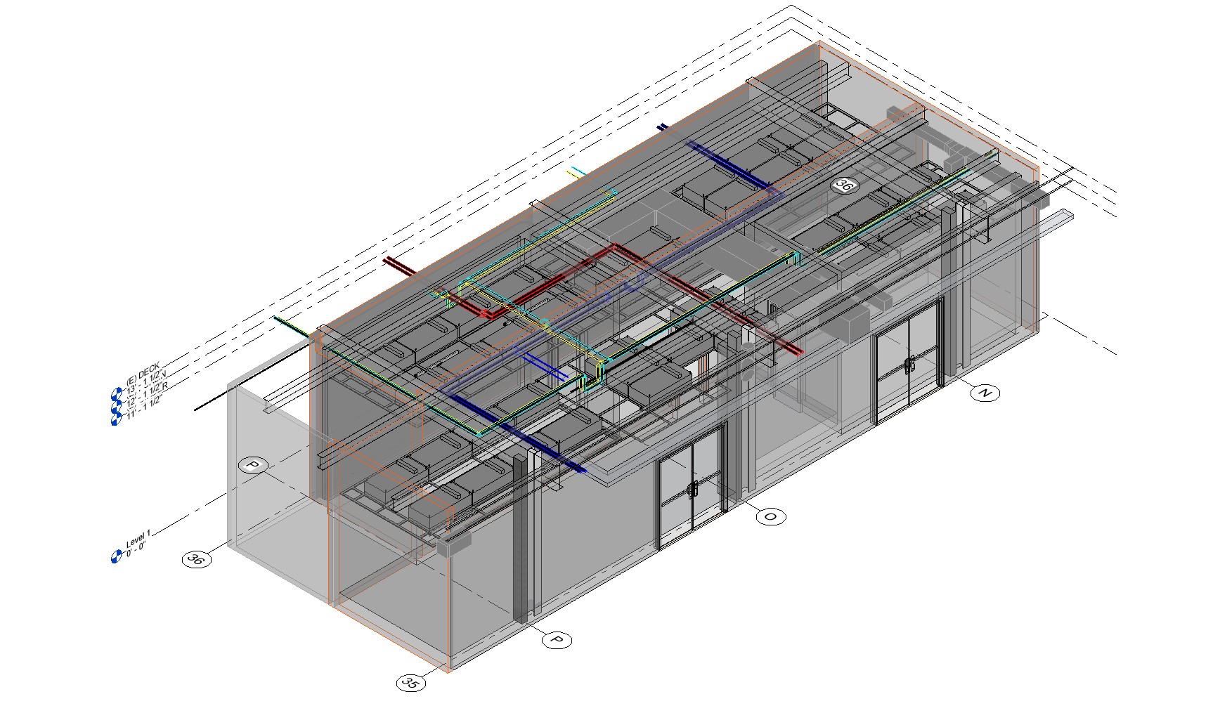 Axonometric BIM model of the laboratory tenant improvement with furniture and equipment