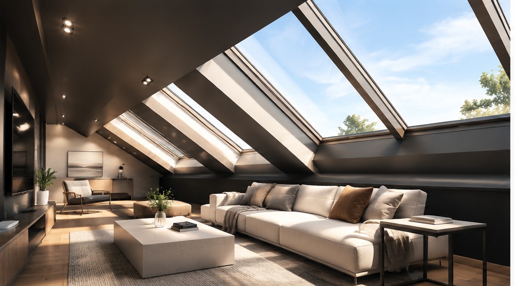 Residential interior view with dramatic skylights and lounge seating